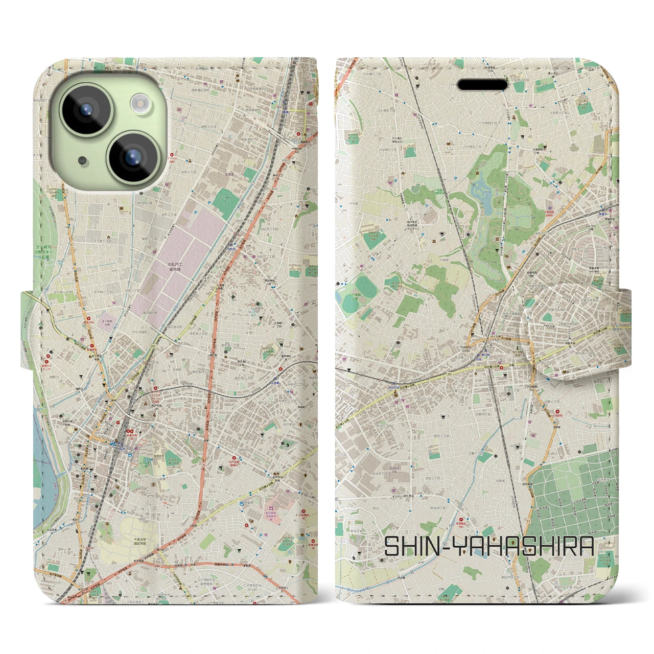 【新八柱】地図柄iPhoneケース（手帳両面タイプ・ナチュラル）iPhone 15 用