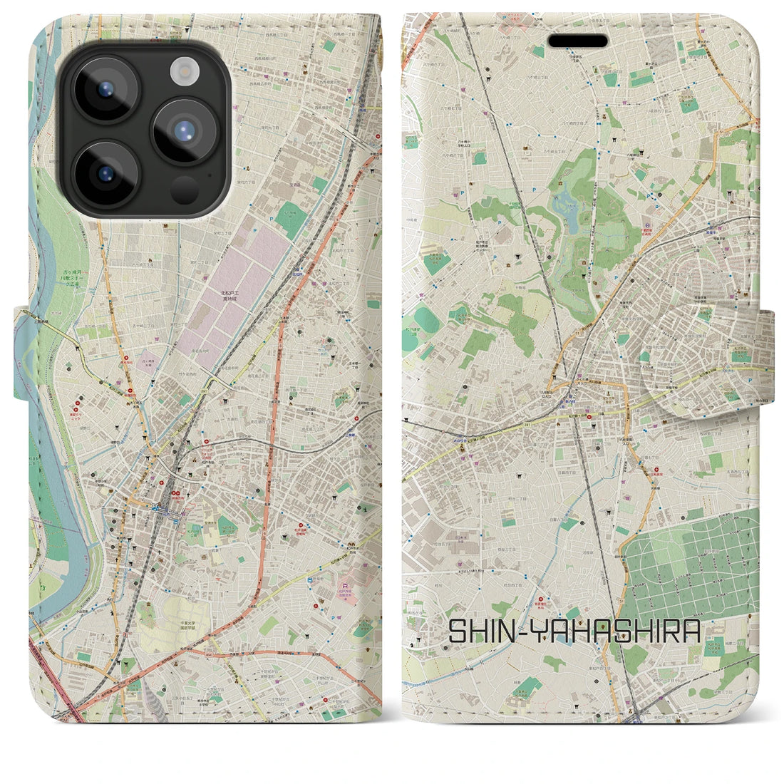 【新八柱】地図柄iPhoneケース（手帳両面タイプ・ナチュラル）iPhone 15 Pro Max 用