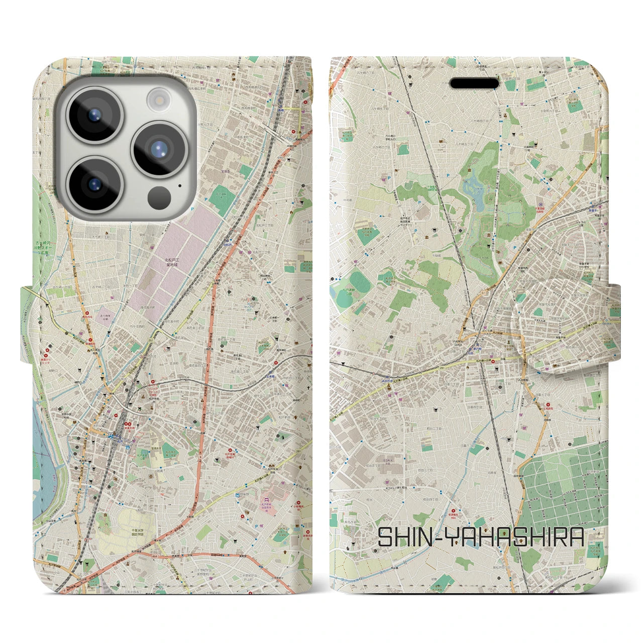【新八柱】地図柄iPhoneケース（手帳両面タイプ・ナチュラル）iPhone 15 Pro 用