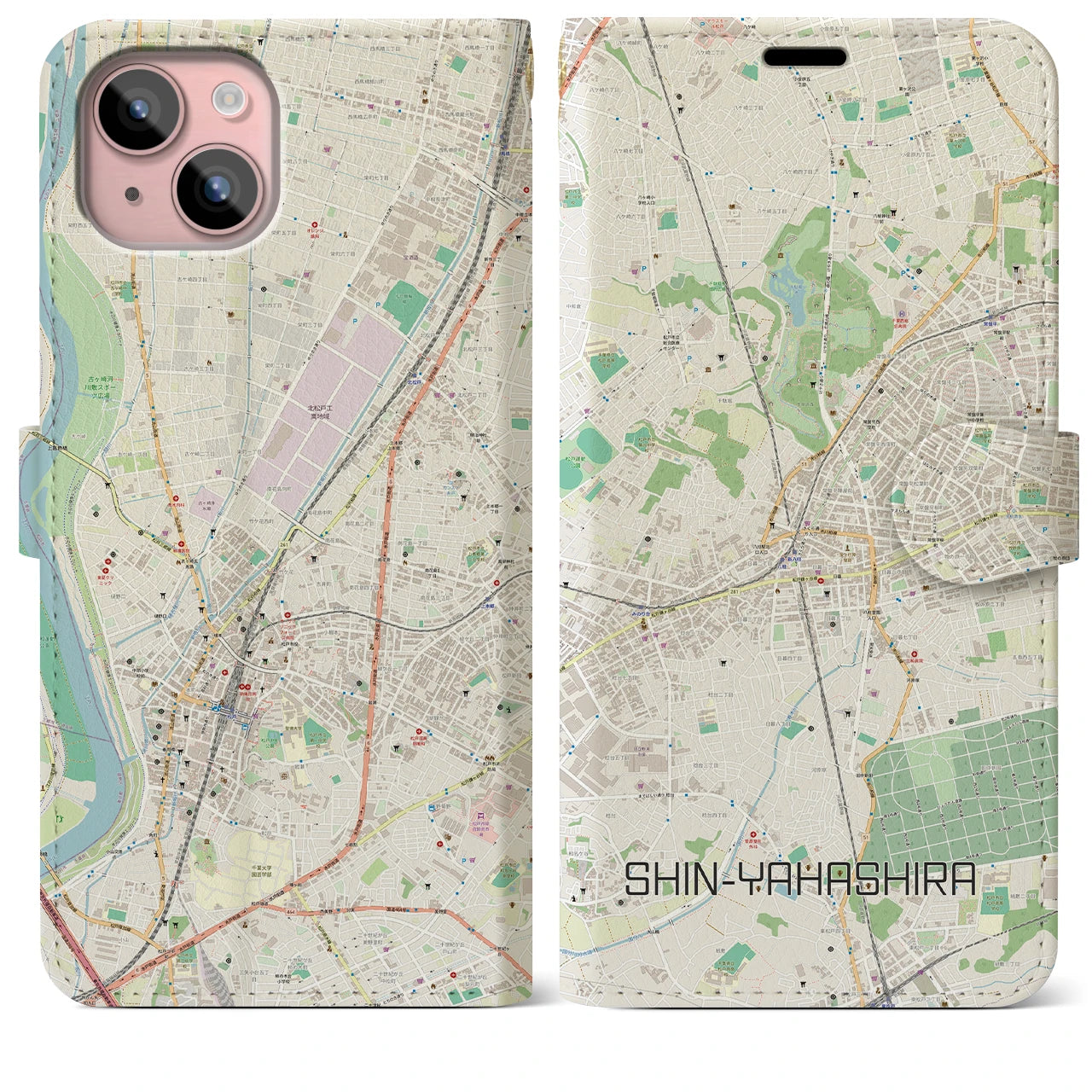 【新八柱】地図柄iPhoneケース（手帳両面タイプ・ナチュラル）iPhone 15 Plus 用