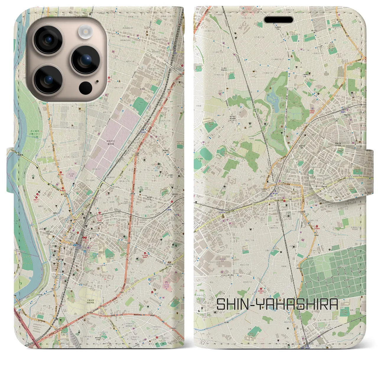 【新八柱（千葉県）】地図柄iPhoneケース（手帳タイプ）ナチュラル・iPhone 16 Plus 用