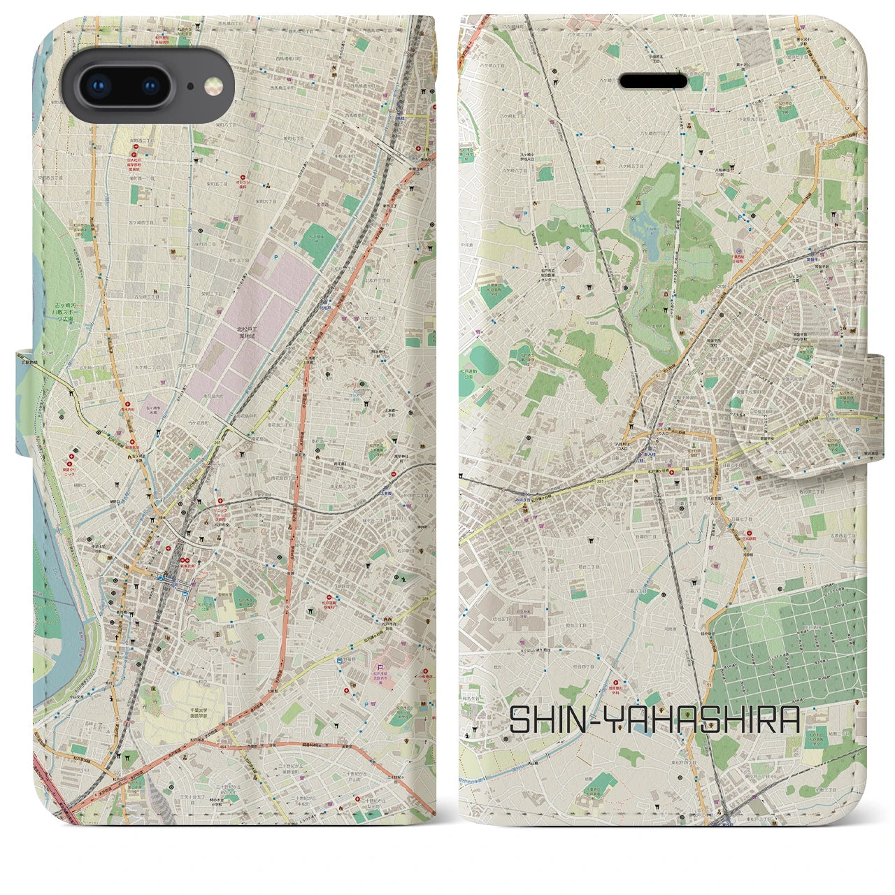【新八柱】地図柄iPhoneケース（手帳両面タイプ・ナチュラル）iPhone 8Plus /7Plus / 6sPlus / 6Plus 用