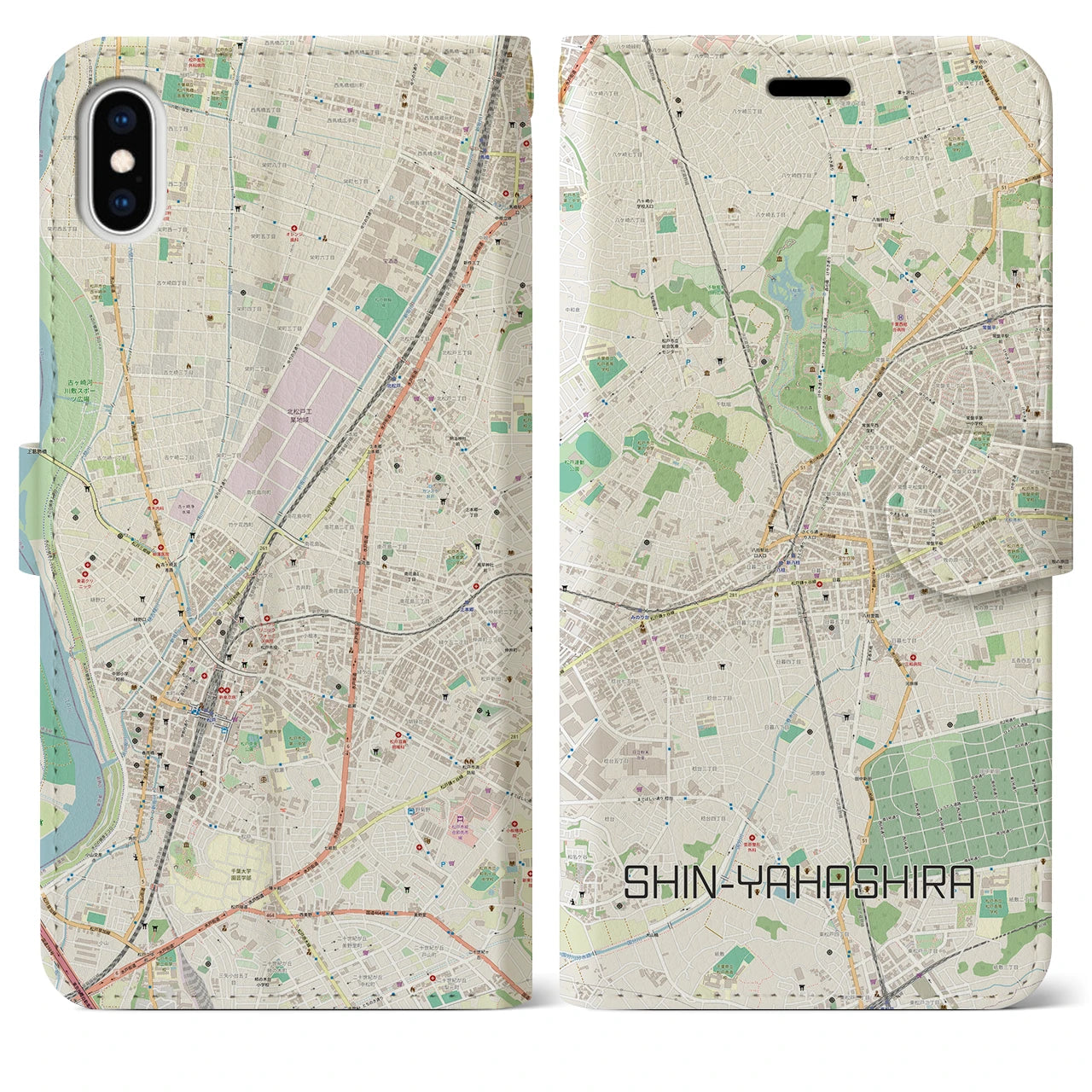 【新八柱】地図柄iPhoneケース（手帳両面タイプ・ナチュラル）iPhone XS Max 用