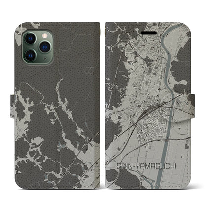 【新山口（山口県）】地図柄iPhoneケース（手帳タイプ）モノトーン・iPhone 11 Pro 用