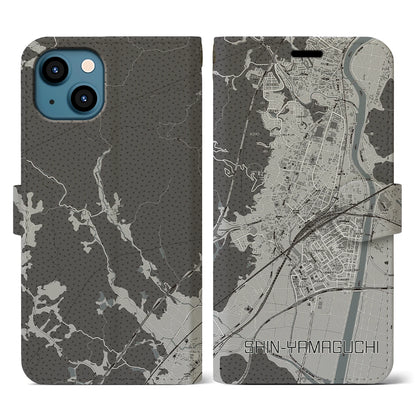 【新山口（山口県）】地図柄iPhoneケース（手帳タイプ）モノトーン・iPhone 13 用