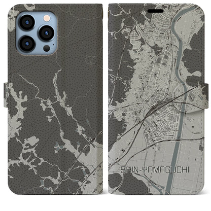 【新山口（山口県）】地図柄iPhoneケース（手帳タイプ）モノトーン・iPhone 13 Pro Max 用