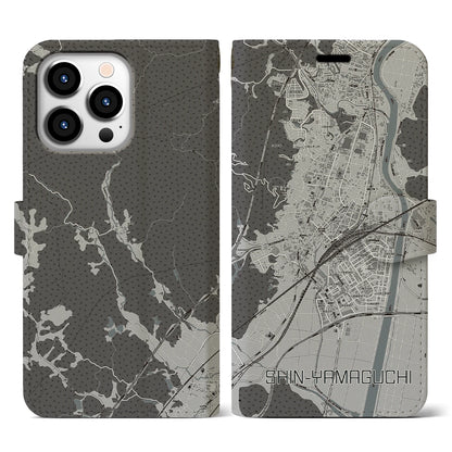 【新山口（山口県）】地図柄iPhoneケース（手帳タイプ）モノトーン・iPhone 13 Pro 用