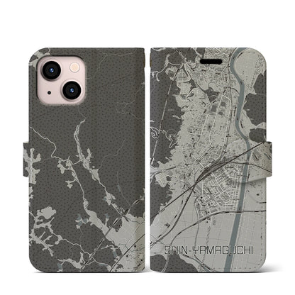 【新山口（山口県）】地図柄iPhoneケース（手帳タイプ）モノトーン・iPhone 13 mini 用