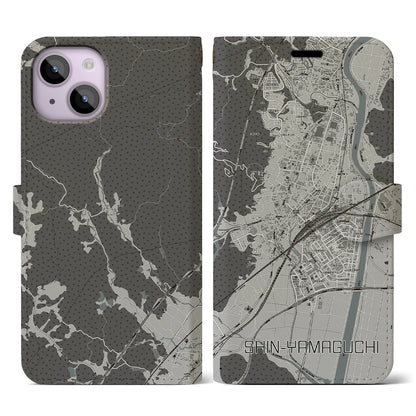 【新山口（山口県）】地図柄iPhoneケース（手帳タイプ）モノトーン・iPhone 14 用