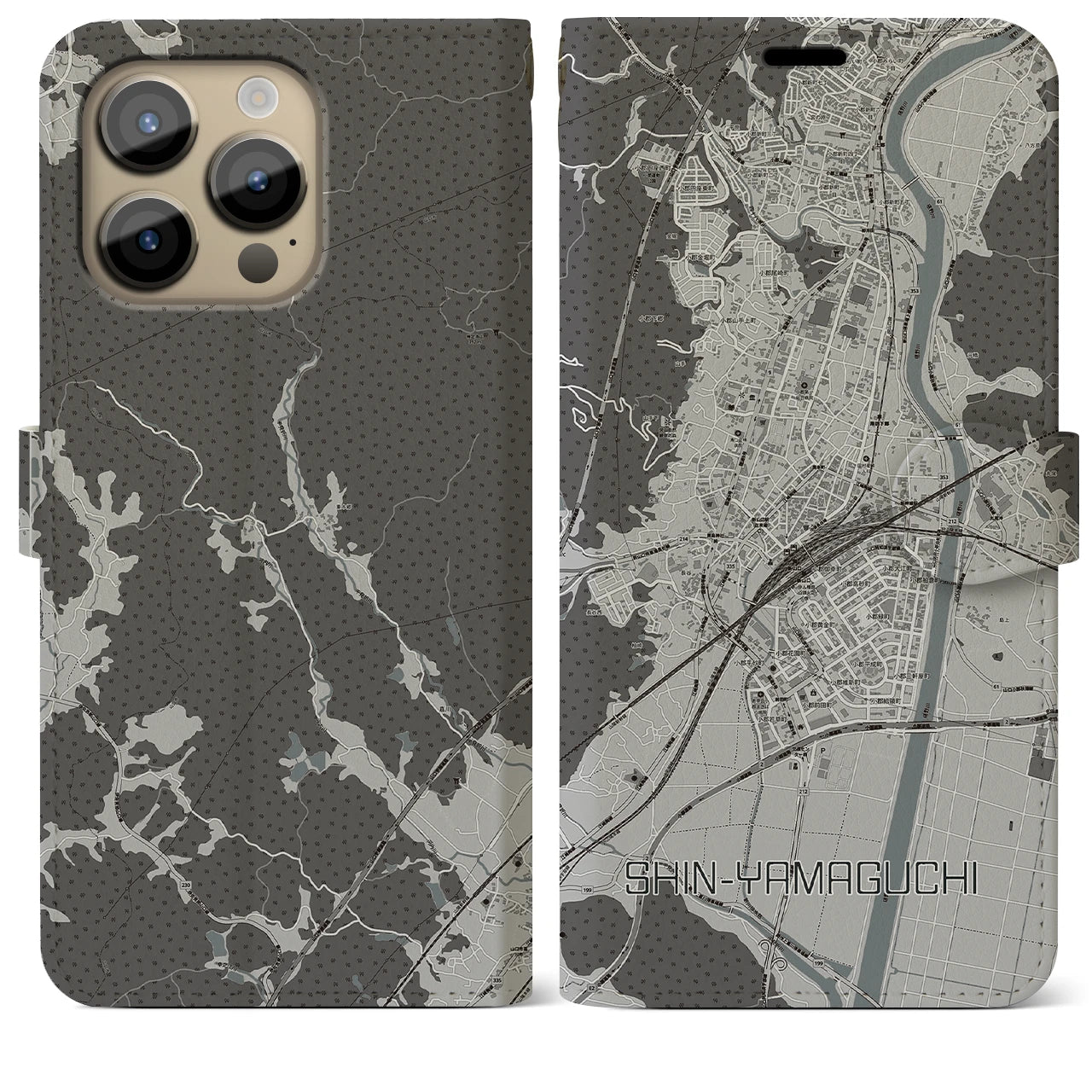 【新山口】地図柄iPhoneケース（手帳両面タイプ・モノトーン）iPhone 14 Pro Max 用