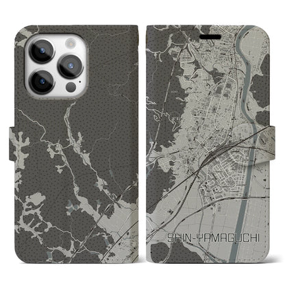 【新山口（山口県）】地図柄iPhoneケース（手帳タイプ）モノトーン・iPhone 14 Pro 用