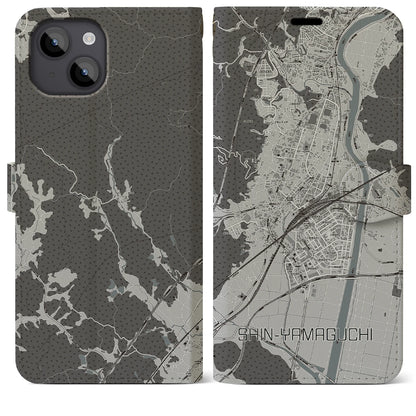 【新山口（山口県）】地図柄iPhoneケース（手帳タイプ）モノトーン・iPhone 14 Plus 用