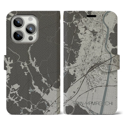 【新山口（山口県）】地図柄iPhoneケース（手帳タイプ）モノトーン・iPhone 15 Pro 用