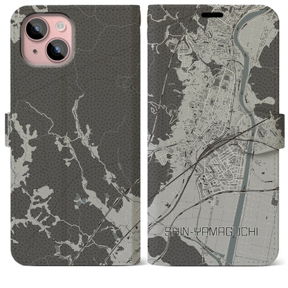 【新山口（山口県）】地図柄iPhoneケース（手帳タイプ）モノトーン・iPhone 15 Plus 用