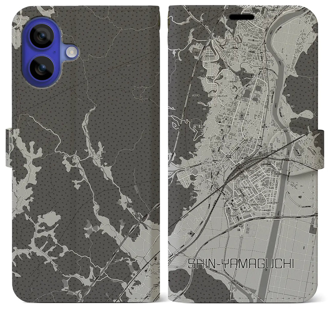 【新山口(山口県)】地図柄iPhoneケース(手帳タイプ)モノトーン・iPhone 16 Pro Max 用