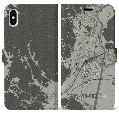 【新山口（山口県）】地図柄iPhoneケース（手帳タイプ）モノトーン・iPhone XS Max 用