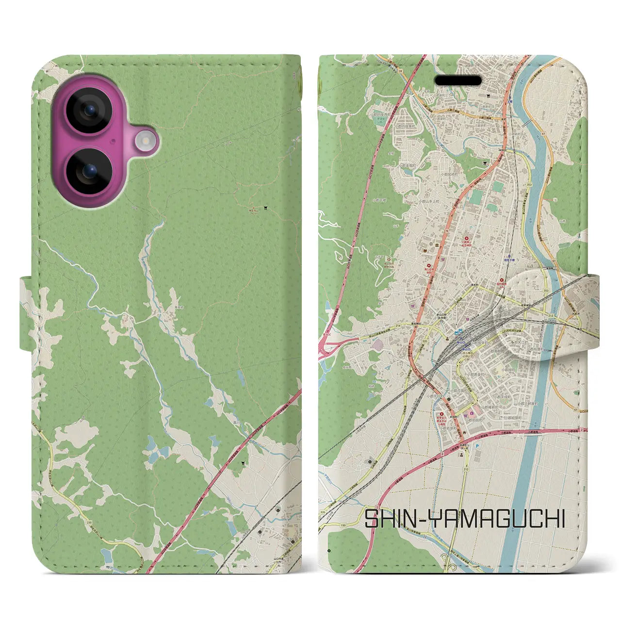 【新山口（山口県）】地図柄iPhoneケース（手帳タイプ）ナチュラル・iPhone 16 Pro 用