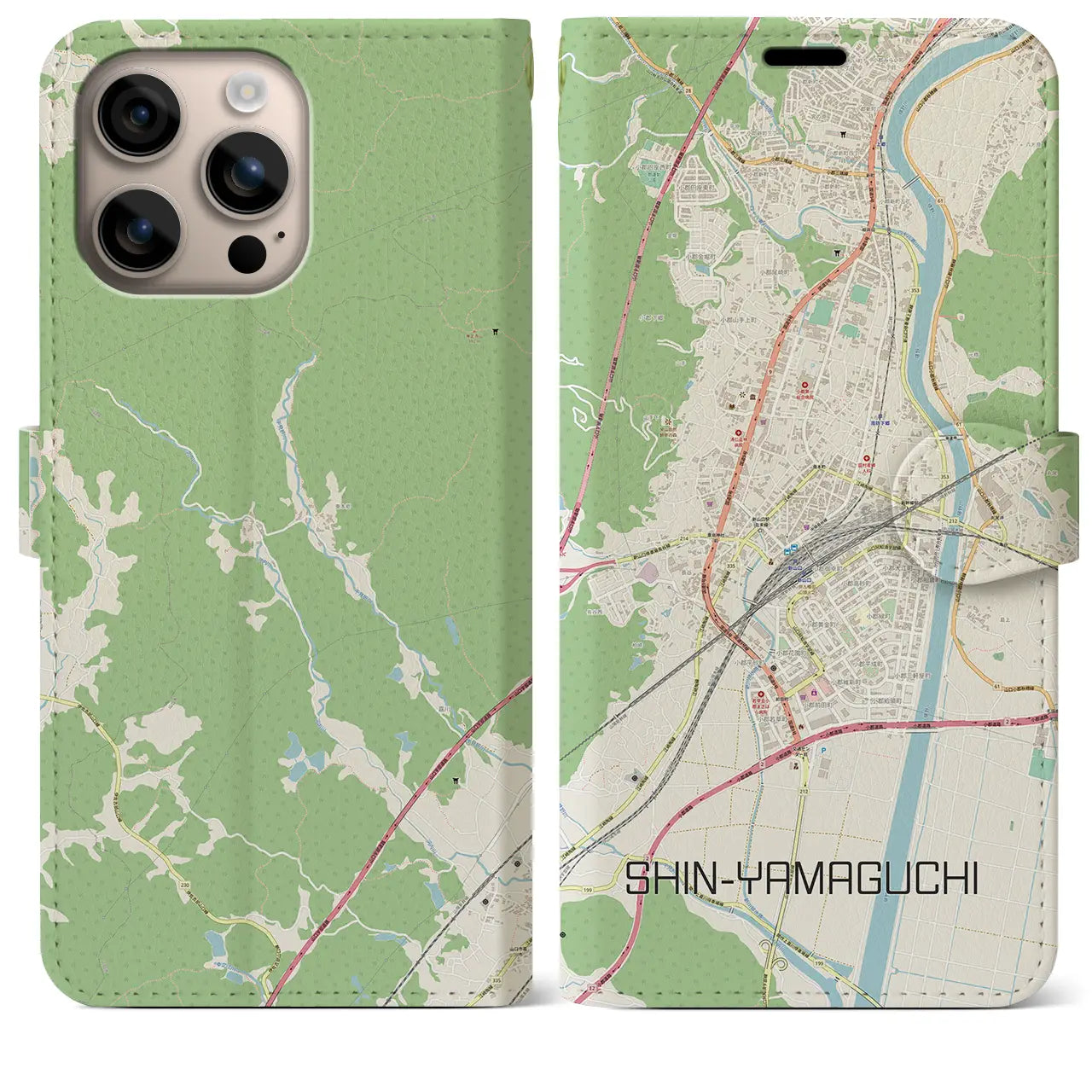 【新山口（山口県）】地図柄iPhoneケース（手帳タイプ）ナチュラル・iPhone 16 Plus 用