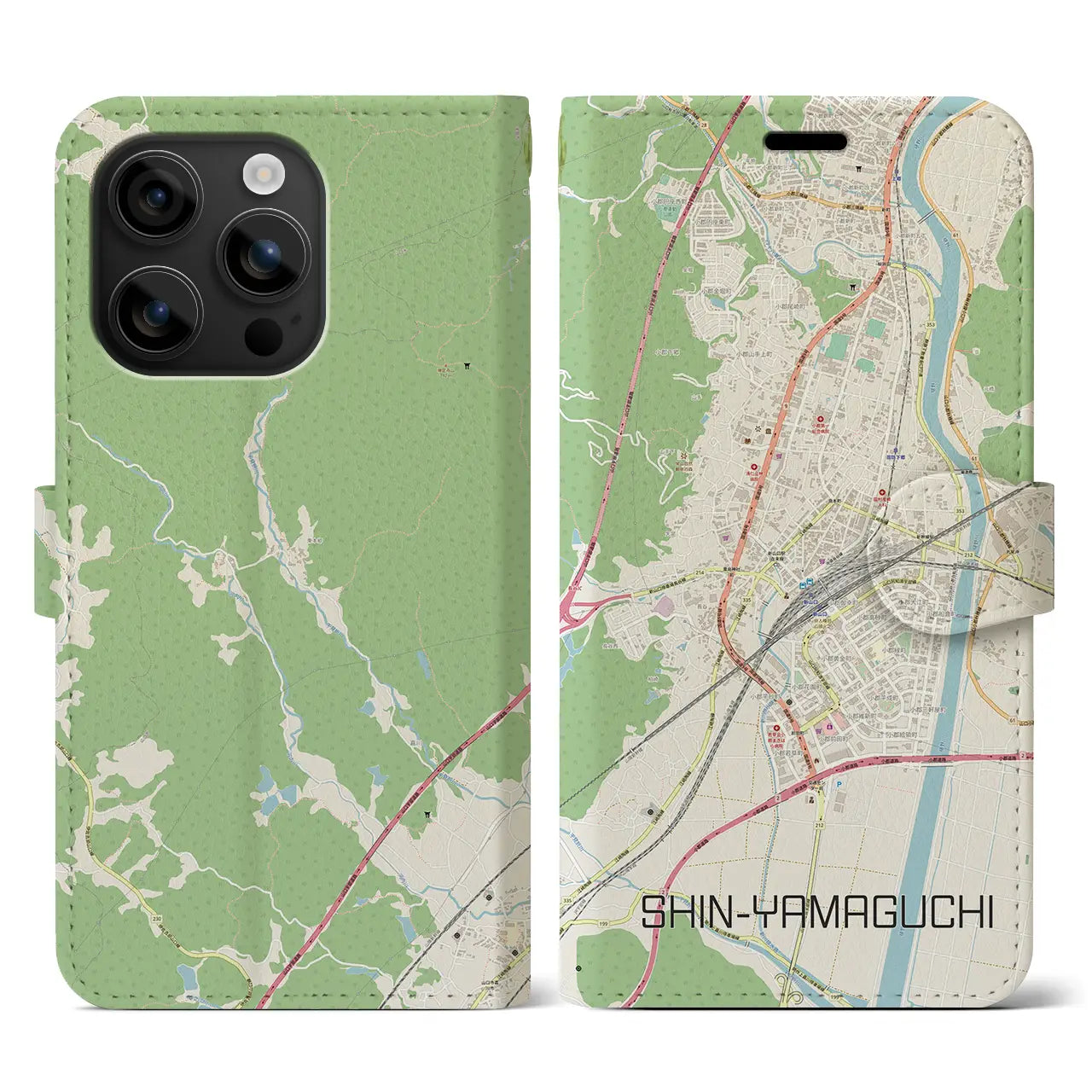 【新山口（山口県）】地図柄iPhoneケース（手帳タイプ）ナチュラル・iPhone 16 用