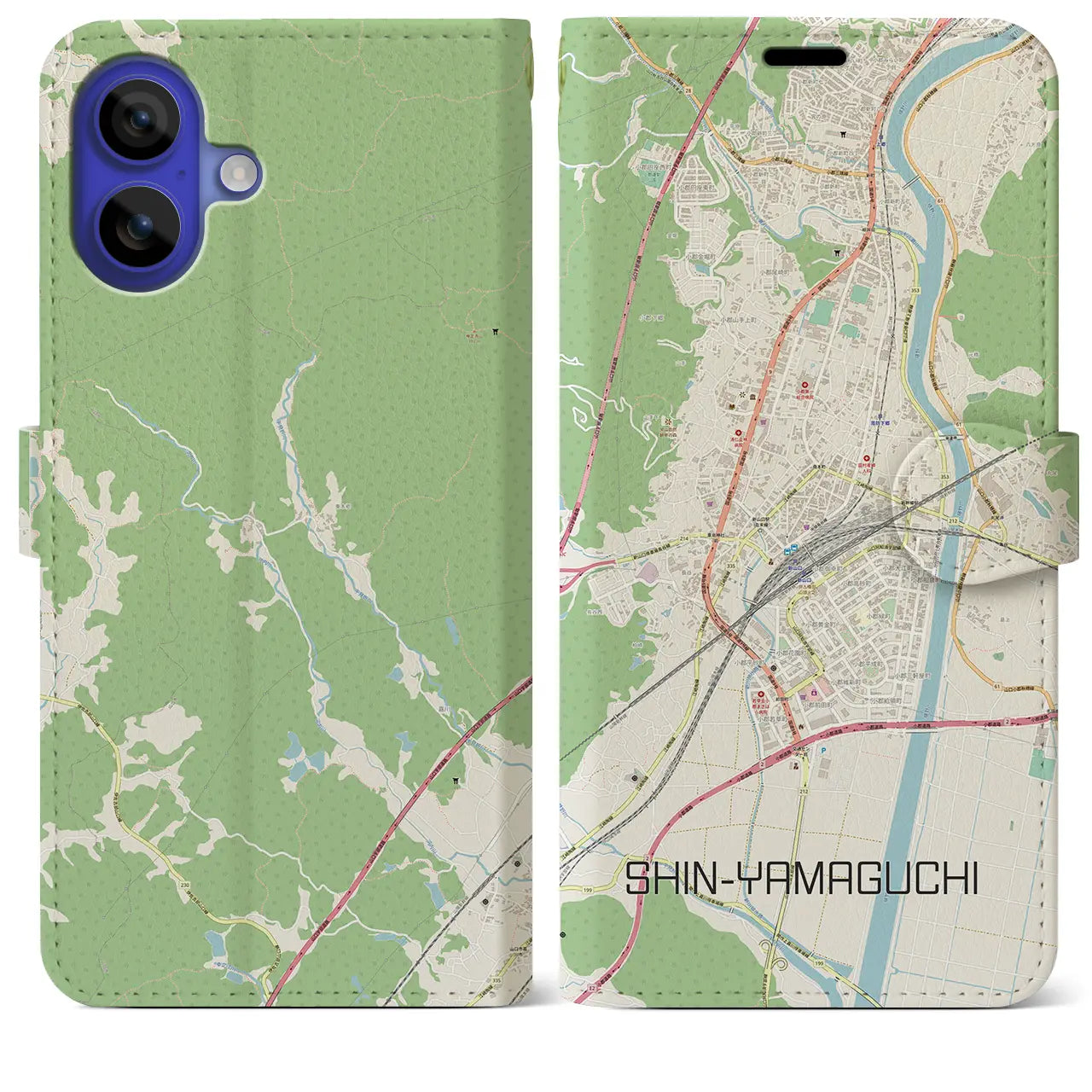 【新山口（山口県）】地図柄iPhoneケース（手帳タイプ）ナチュラル・iPhone 16 Pro Max 用