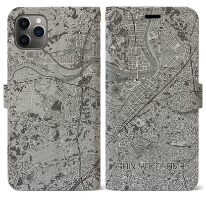 【新横浜（神奈川県）】地図柄iPhoneケース（手帳タイプ）モノトーン・iPhone 11 Pro Max 用
