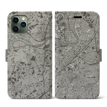 【新横浜（神奈川県）】地図柄iPhoneケース（手帳タイプ）モノトーン・iPhone 11 Pro 用