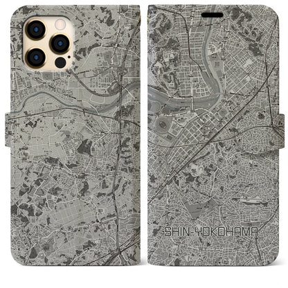 【新横浜（神奈川県）】地図柄iPhoneケース（手帳タイプ）モノトーン・iPhone 12 Pro Max 用