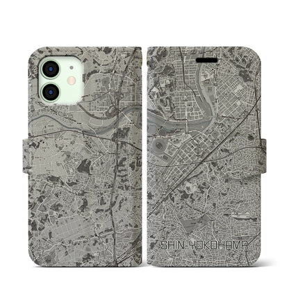 【新横浜（神奈川県）】地図柄iPhoneケース（手帳タイプ）モノトーン・iPhone 12 mini 用