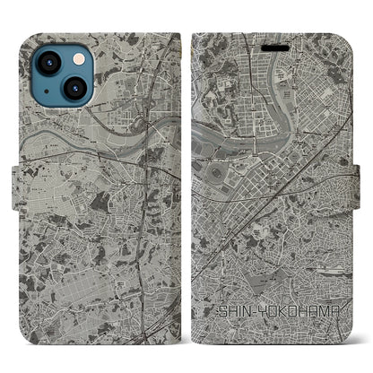 【新横浜（神奈川県）】地図柄iPhoneケース（手帳タイプ）モノトーン・iPhone 13 用