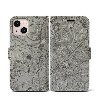 【新横浜（神奈川県）】地図柄iPhoneケース（手帳タイプ）モノトーン・iPhone 13 mini 用