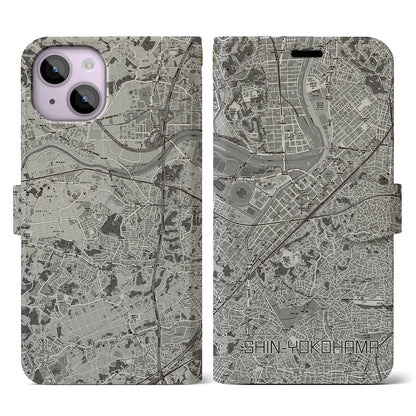 【新横浜（神奈川県）】地図柄iPhoneケース（手帳タイプ）モノトーン・iPhone 14 用