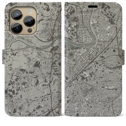 【新横浜（神奈川県）】地図柄iPhoneケース（手帳タイプ）モノトーン・iPhone 14 Pro Max 用