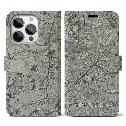 【新横浜（神奈川県）】地図柄iPhoneケース（手帳タイプ）モノトーン・iPhone 14 Pro 用