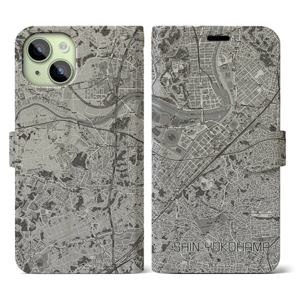 【新横浜（神奈川県）】地図柄iPhoneケース（手帳タイプ）モノトーン・iPhone 15 用