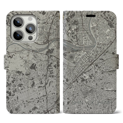 【新横浜（神奈川県）】地図柄iPhoneケース（手帳タイプ）モノトーン・iPhone 15 Pro 用