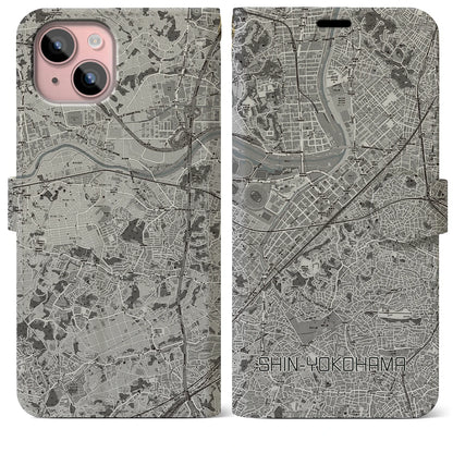 【新横浜（神奈川県）】地図柄iPhoneケース（手帳タイプ）モノトーン・iPhone 15 Plus 用