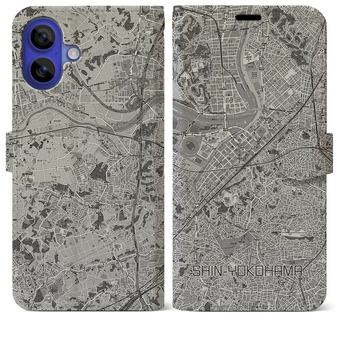 【新横浜(神奈川県)】地図柄iPhoneケース(手帳タイプ)モノトーン・iPhone 16 Pro Max 用