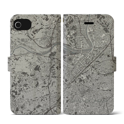 【新横浜（神奈川県）】地図柄iPhoneケース（手帳タイプ）モノトーン・iPhone SE（第3 / 第2世代） / 8 / 7 / 6s / 6 用