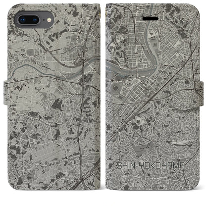 【新横浜（神奈川県）】地図柄iPhoneケース（手帳タイプ）モノトーン・iPhone 8Plus /7Plus / 6sPlus / 6Plus 用