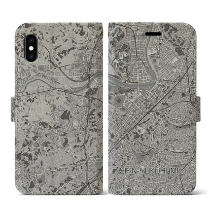 【新横浜（神奈川県）】地図柄iPhoneケース（手帳タイプ）モノトーン・iPhone XS / X 用