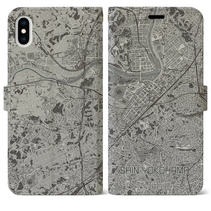 【新横浜（神奈川県）】地図柄iPhoneケース（手帳タイプ）モノトーン・iPhone XS Max 用