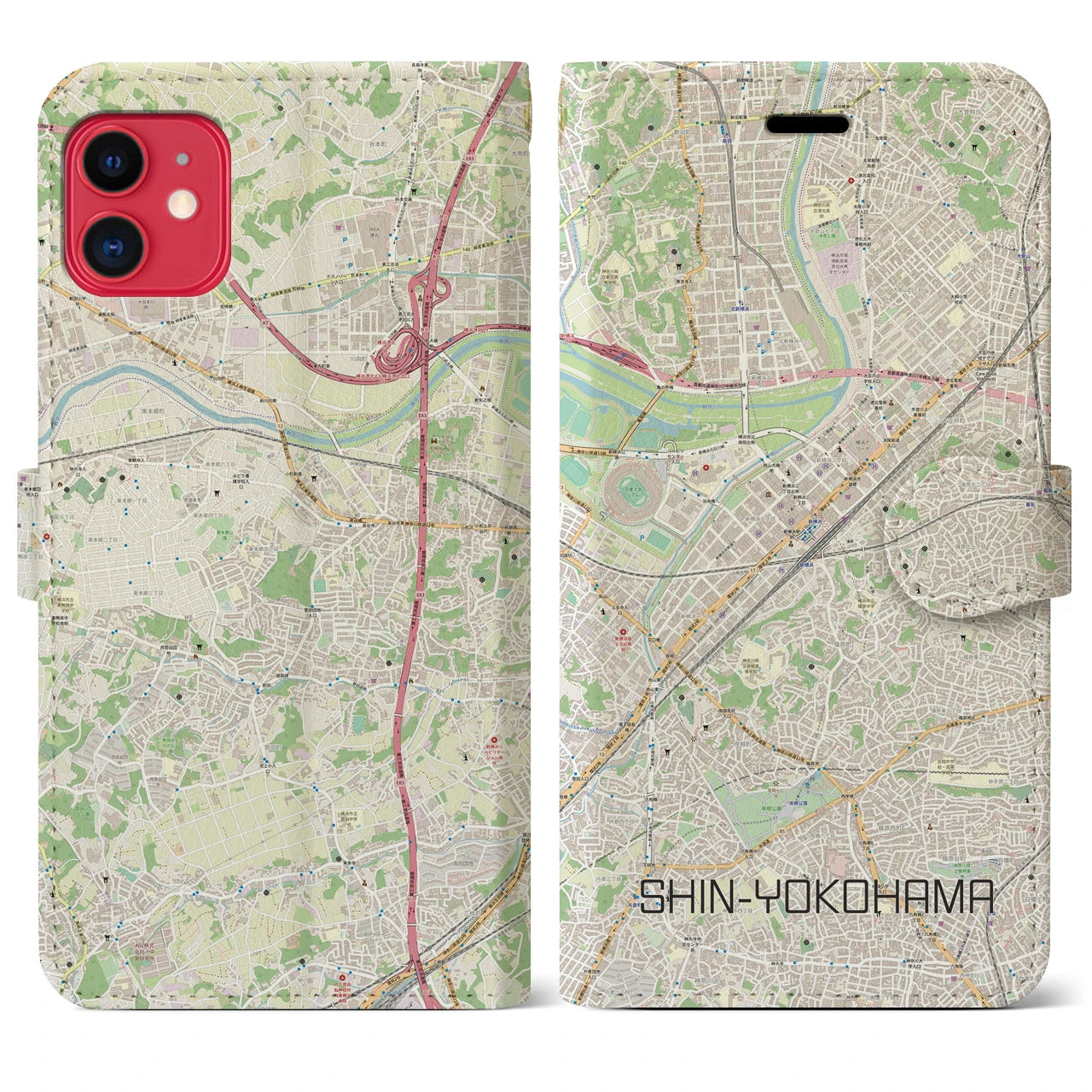 【新横浜】地図柄iPhoneケース（手帳両面タイプ・ナチュラル）iPhone 11 用