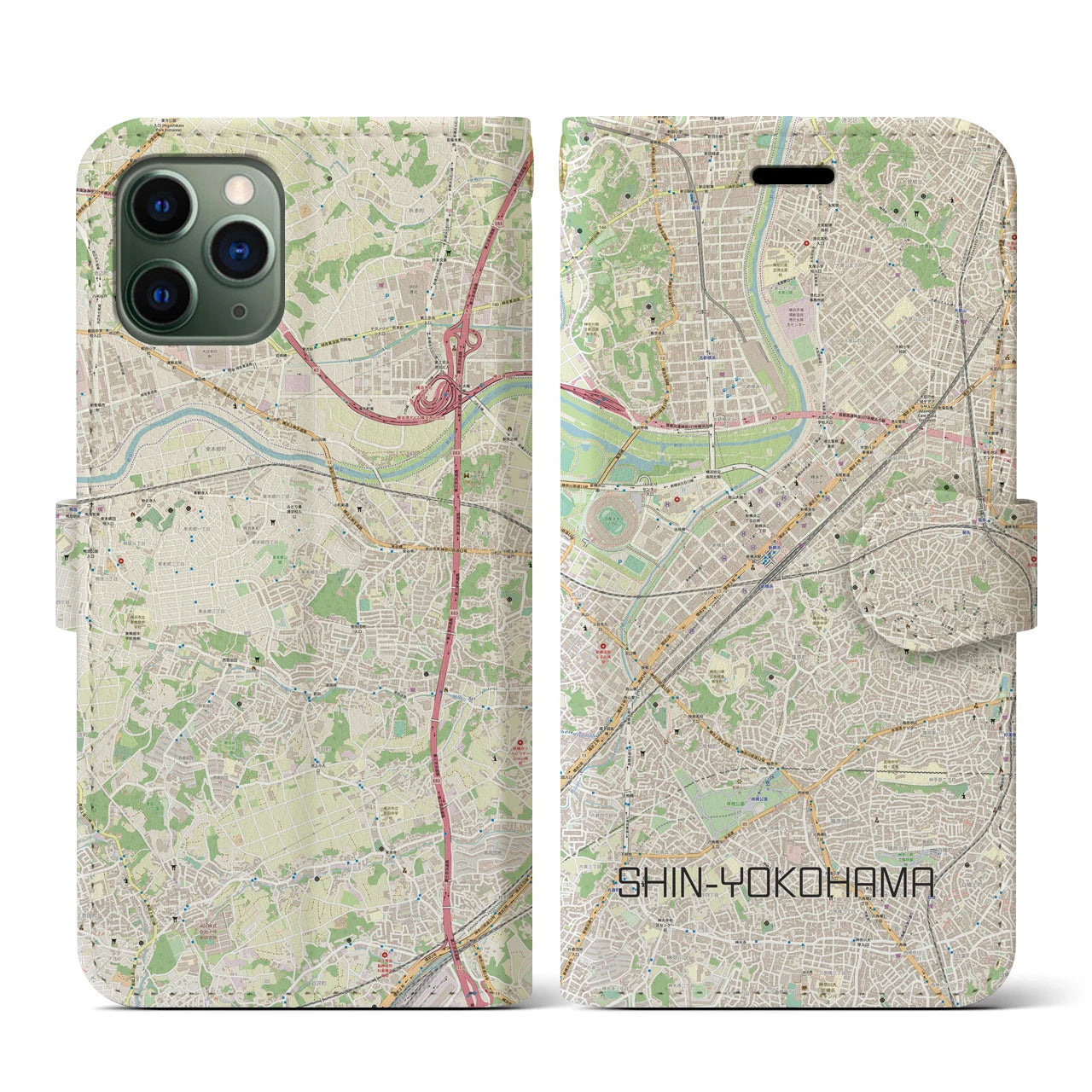 【新横浜】地図柄iPhoneケース（手帳両面タイプ・ナチュラル）iPhone 11 Pro 用