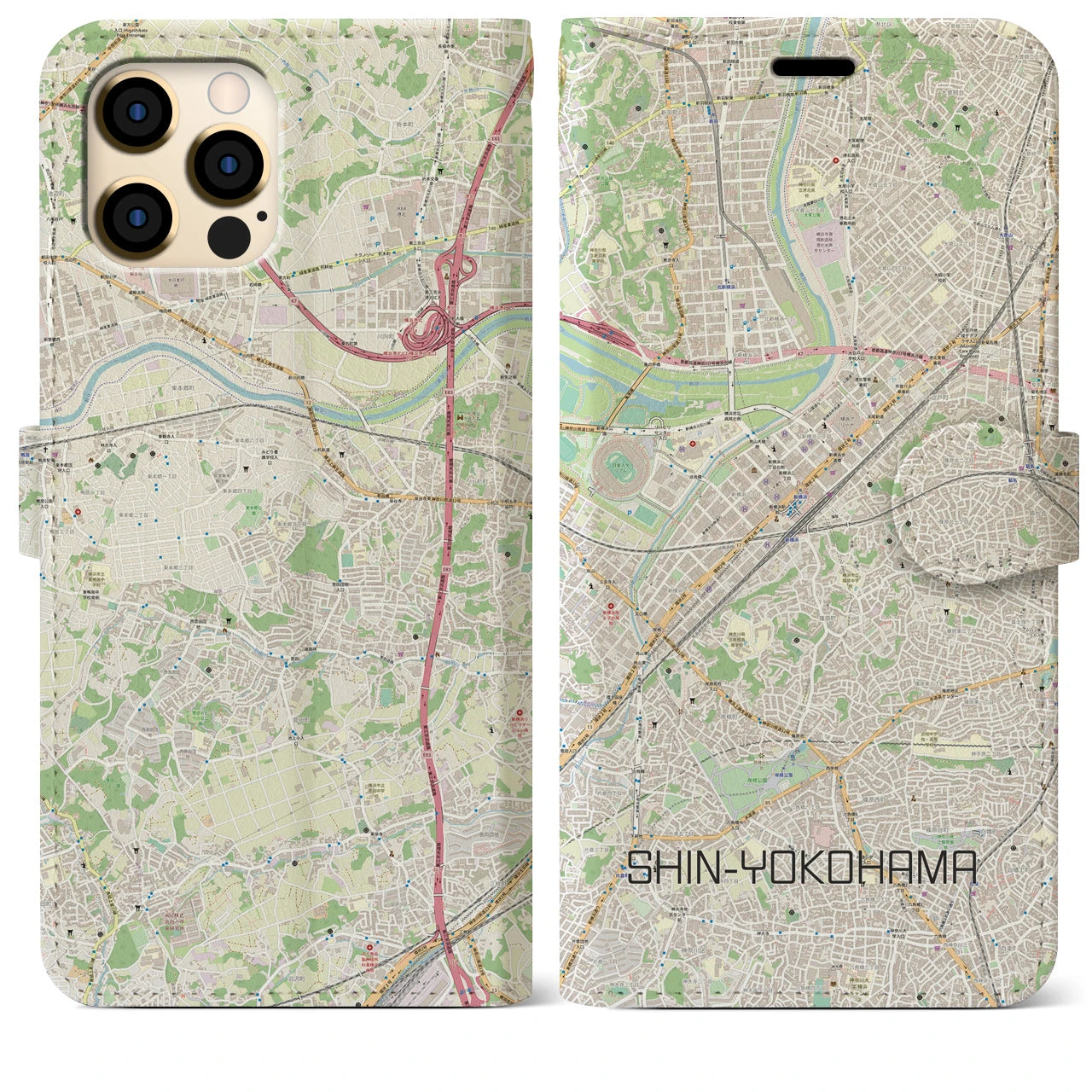【新横浜】地図柄iPhoneケース（手帳両面タイプ・ナチュラル）iPhone 12 Pro Max 用