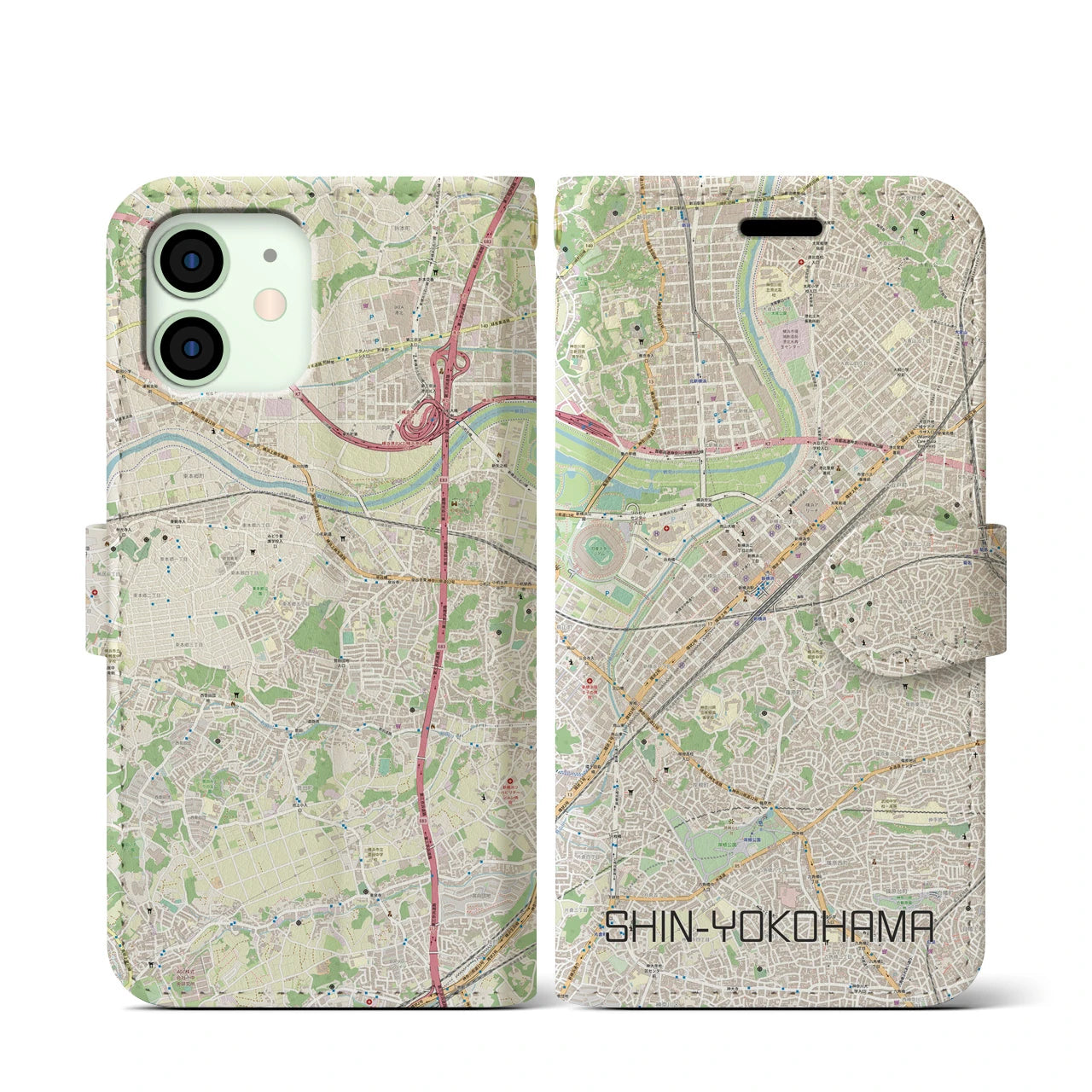 【新横浜】地図柄iPhoneケース（手帳両面タイプ・ナチュラル）iPhone 12 mini 用
