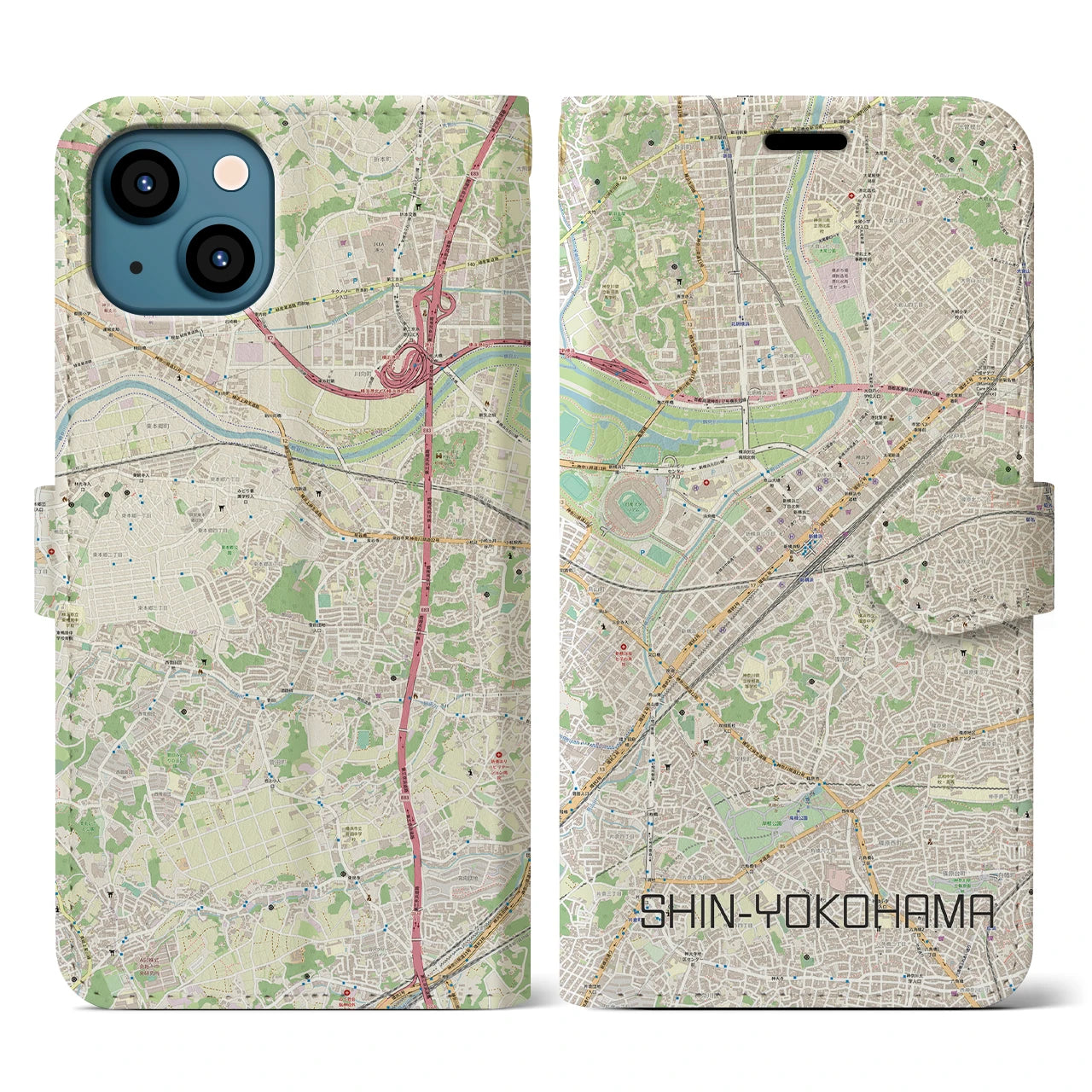 【新横浜】地図柄iPhoneケース（手帳両面タイプ・ナチュラル）iPhone 13 用