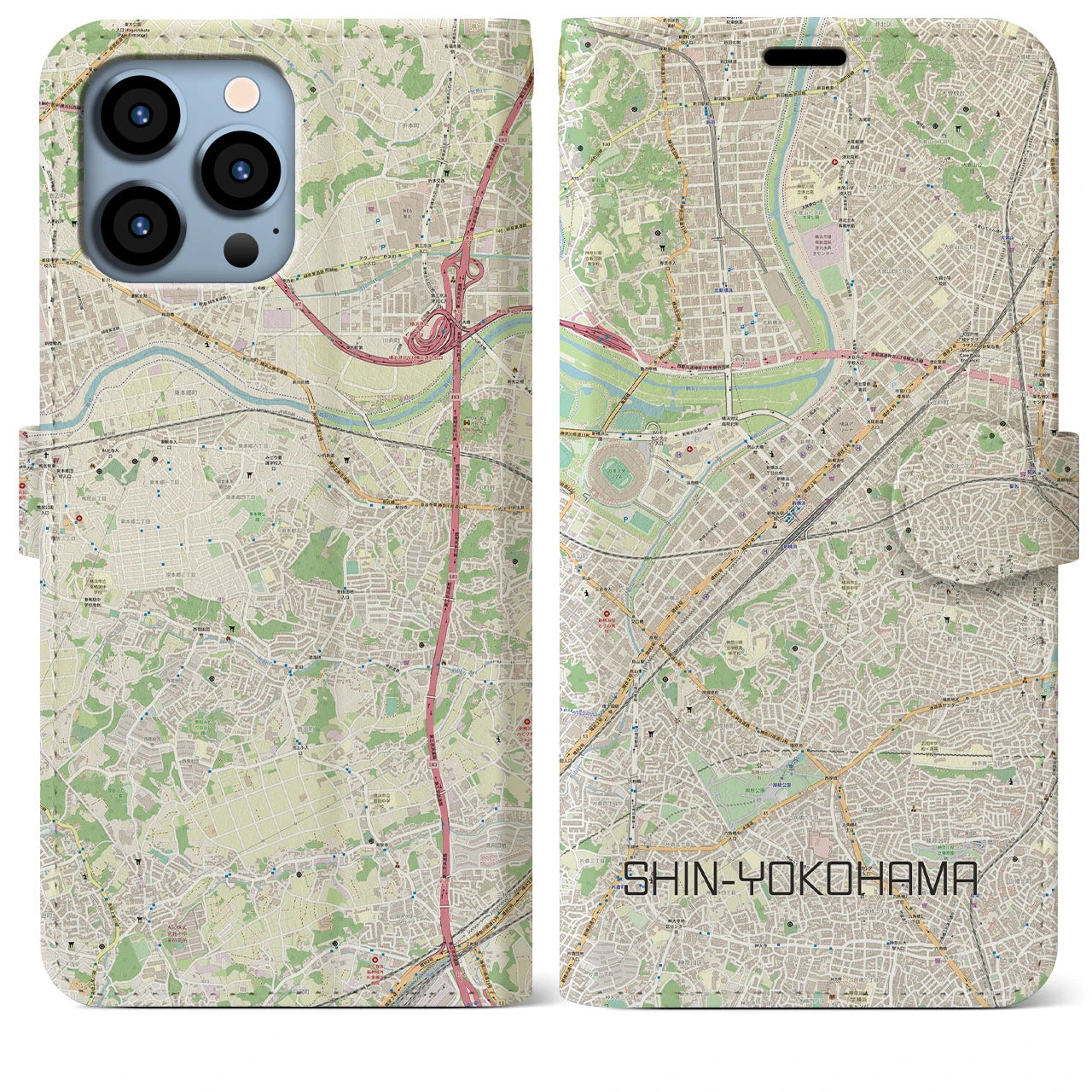 【新横浜】地図柄iPhoneケース（手帳両面タイプ・ナチュラル）iPhone 13 Pro Max 用