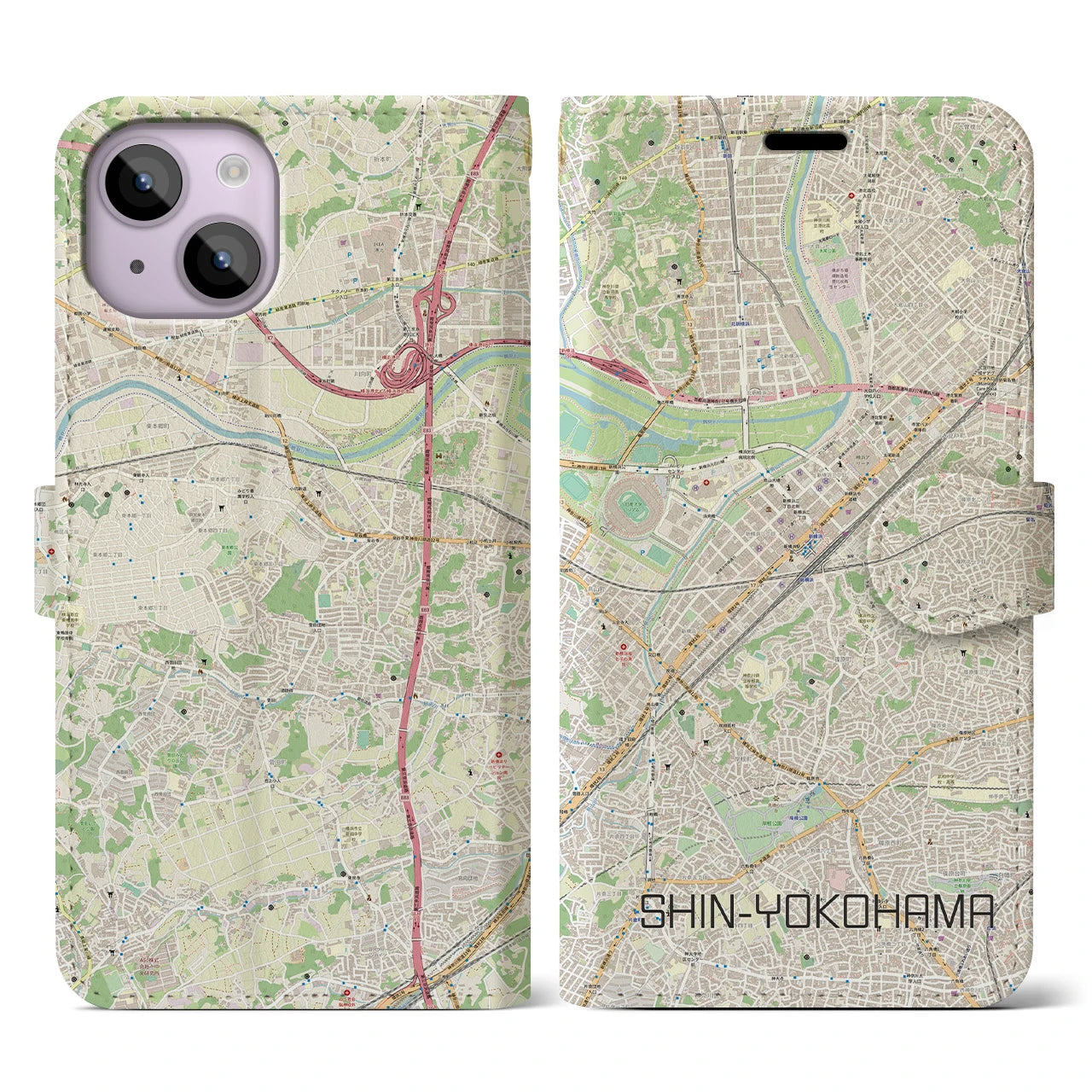 【新横浜】地図柄iPhoneケース（手帳両面タイプ・ナチュラル）iPhone 14 用