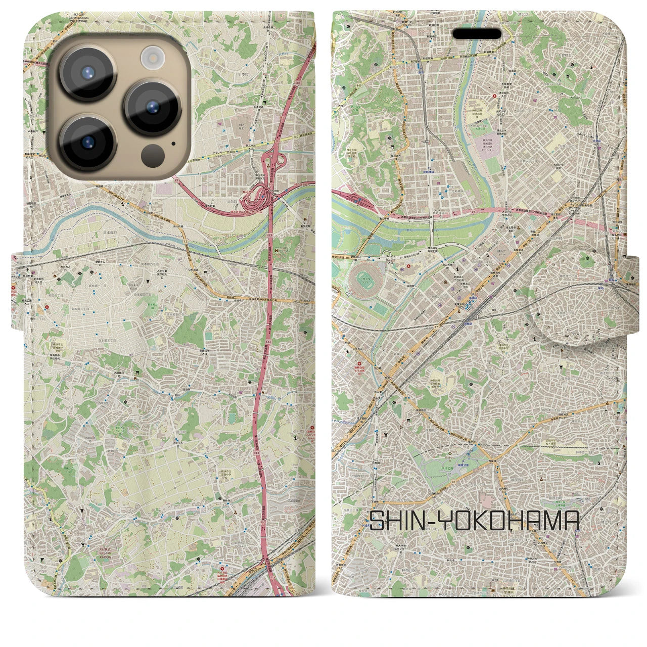 【新横浜】地図柄iPhoneケース（手帳両面タイプ・ナチュラル）iPhone 14 Pro Max 用