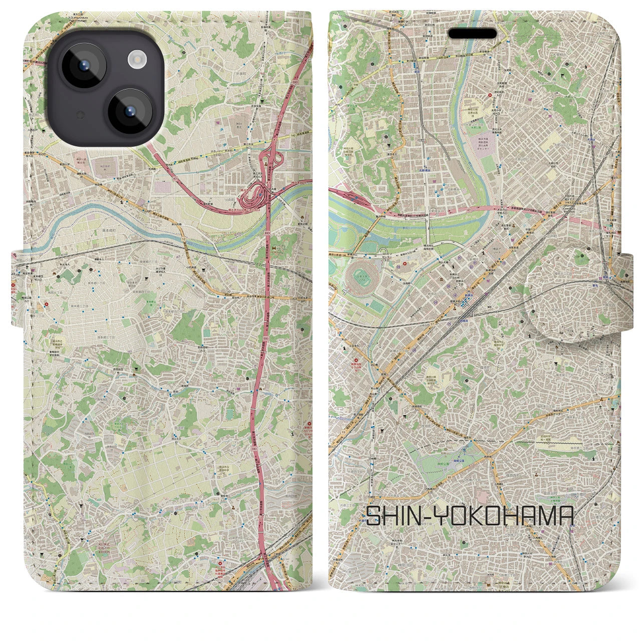 【新横浜】地図柄iPhoneケース（手帳両面タイプ・ナチュラル）iPhone 14 Plus 用